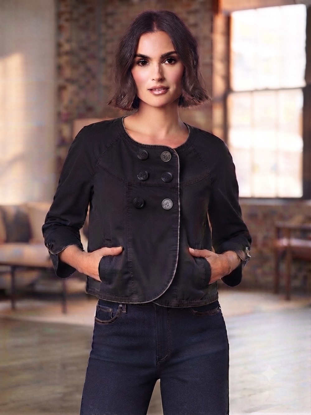 Sanctuary Black Double-Breasted Cropped Jacket with 3/4 Sleeves